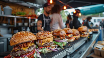 A tantalizing row of gourmet burgers, prepared with fresh ingredients and mouthwatering toppings, await hungry customers at a bustling food stall. 