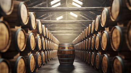 Wooden Old Stacked whisky barrel stack in a warehouse vintage style.