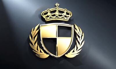 Ornate gold shield with crown and laurel wreath on a black background. - Powered by Adobe