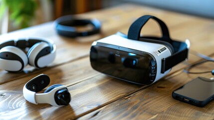 VR Headset and Accessories on Wooden Table