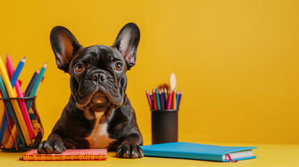 Cute french bulldog and school supplies on yellow background with copy space.