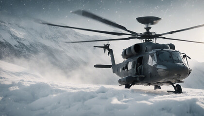 A military helicopter flying low over a snowy mountain pass during a snowstorm, with heavy snowflake
