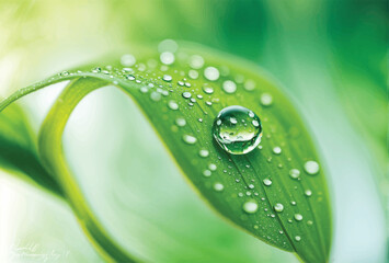 Large beautiful drops of transparent rain water on a green leaf macro. Drops of dew in the morning glow in the sun. Beautiful leaf texture in nature. Natural background