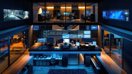 Command Center Symphony: A futuristic control room, alive with data and bathed in the blue glow of technology, hums with activity, offering a glimpse into the future of operations.