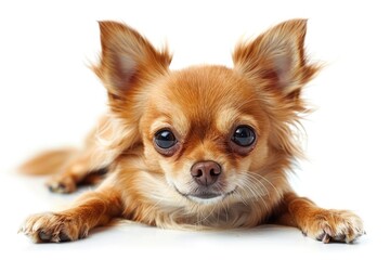 Obraz premium Small brown long haired chihuahua dog relaxing on white background