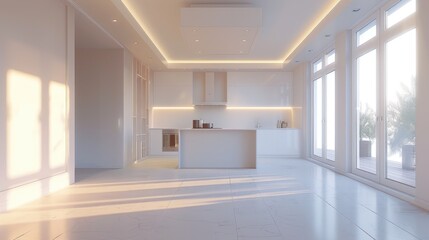 Modern minimalist kitchen with sleek design and ample natural light