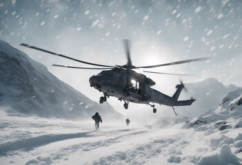 Naklejka premium A military helicopter flying low over a snowy mountain pass during a snowstorm, with heavy snowflake 