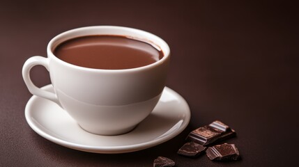 A luxurious dark chocolate mocha in a white ceramic cup, with a deep chocolate brown background to...