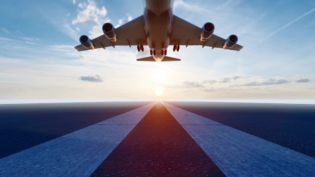 Passenger plane takes off and flies towards us