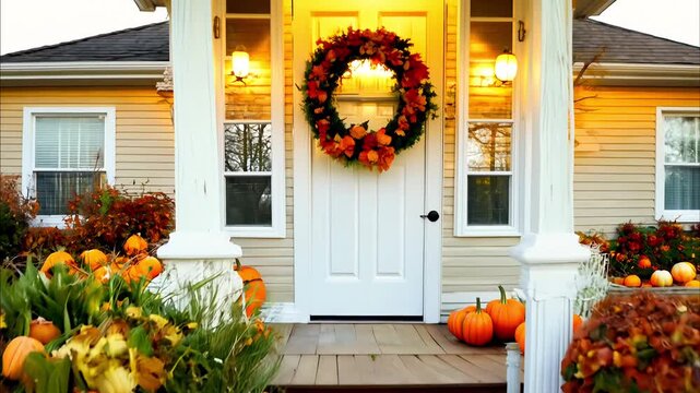 house with intricate details, decorated for Thanksgiving with a lush wreath of autumn leaves and berries on the ornate front door, vintage lanterns with flickering candles, and a cornucopia arrangemen