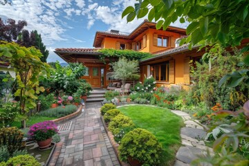 Fototapeta premium Brick pathway leading to a charming house with a well-kept front yard
