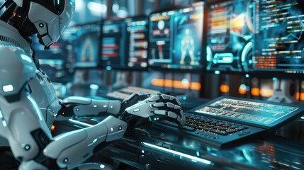 Fototapeta premium Create a photorealistic close-up image of an AI robot coding at a workstation.