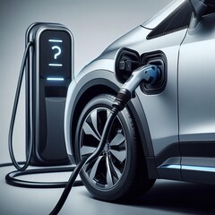Naklejka premium Electric Vehicle Charging Port | Charging Cable Connected to Car | EV Charging Infrastructure | Powering the Future: EV Charging Sustainable Mobility: Electric Car Charge high resolution 300 dpi