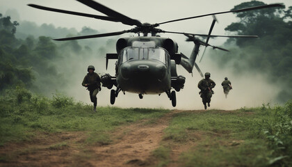 A military helicopter landing in a clearing in the Vietnamese jungle during a humid afternoon, with soldiers quickly jumping out and securing the perimeter.
