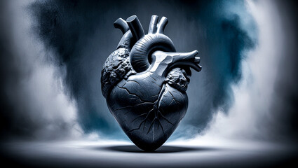 Heart made from stone on a dark grungy background, Abstract background with stone heart, Marble or stone heart, Stone heart sculpture