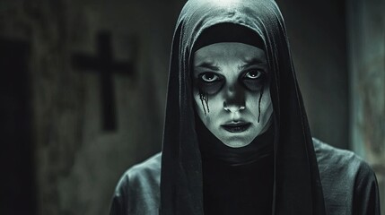 Haunting Ghostly Nun with Black Teardrops Halloween Scene