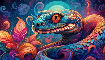 Psychadelic theme Snake. Chinese New Year symbol. Spirit Animal Totem