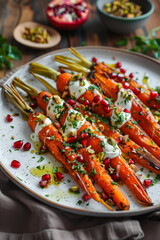 
roasted carrots with pomegranate and pistachio, drizzled in greek cream on white plate and wooden background
