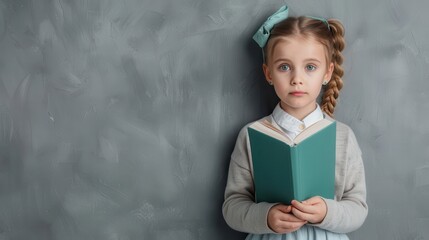 Obraz premium A young girl is holding a book and looking at the camera