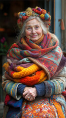 Happy Elderly Woman in Colorful Knitted Wraps Smiling Outdoors