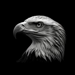 Majestic Golden Eagle Head in Monochrome with Black and White Colors on a Black Background, Symbolizing Aerial Power and Predatory Grace