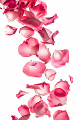 pink roses petals flying isolated on background