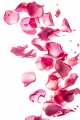 pink roses petals flying isolated on background