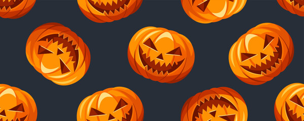 Halloween pumpkin with angry face seamless pattern. Vector illustration.