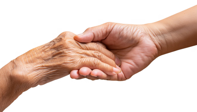 elderly hands gently holding each other cut out transparent isolated on white background PNG