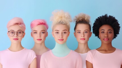 A group of women with different hair colors and styles, all wearing pink shirts
