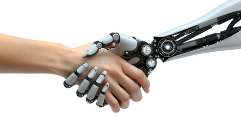 Human hand shaking hands with a robotic hand close-up.  Harmony and collaboration between humans and advanced technology concept.