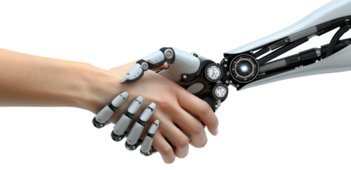 Human hand shaking hands with a robotic hand close-up.  Harmony and collaboration between humans and advanced technology concept.