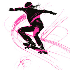 Obraz premium Dynamic Abstract Skateboarder: Pink and Black Lines Capturing the Thrill of Skateboarding in Action