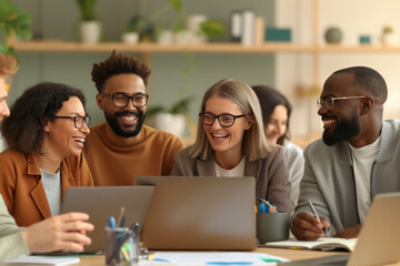 Fototapeta premium A diverse group of young professionals collaborating at a table with laptops and documents. smiling and engaged, a positive and productive work environment. A modern office setting