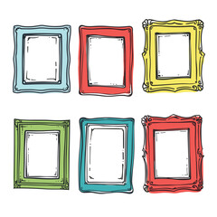 Set six colorful handdrawn picture frames. Doodle style gallery wall frames isolated white background. Various shapes colors, empty artworks photos