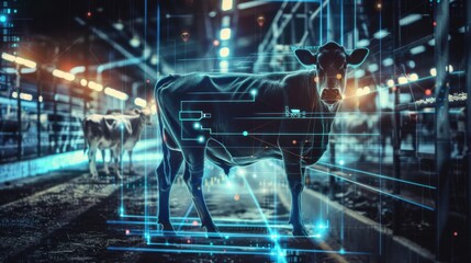 digital holographic cow  holographic strings,Innovative cow monitoring technology integrated into a modern automated animal farm for improved dairy production efficiency and sustainability
