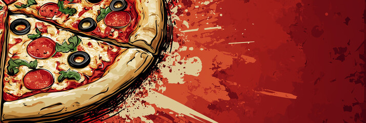 A cartoon illustration of pizza, hand drawn in the style of bold brush strokes and splashes of red paint on the background, Generative AI