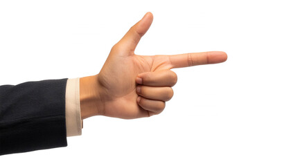 hand in a business suit making a pointing gesture to the right cut out transparent isolated on white background PNG