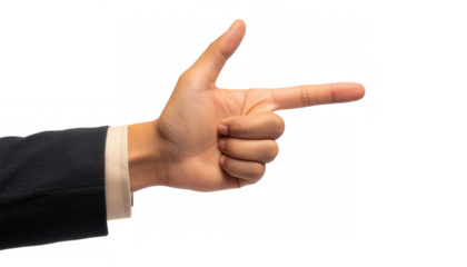 hand in a business suit making a pointing gesture to the right cut out transparent isolated on white background PNG
