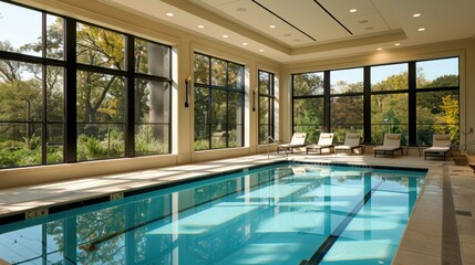 Obraz premium Luxurious Indoor Pool: Tranquility and Elegance: Sunbeams dance across the sparkling blue waters of an indoor pool, offering a sanctuary of calm and luxury. The expansive windows frame verdant views