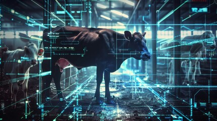 digital holographic cow  holographic strings,Innovative cow monitoring technology integrated into a modern automated animal farm for improved dairy production efficiency and sustainability