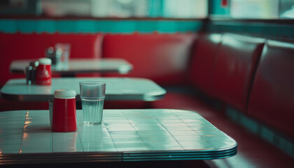 Classic Retro Diner Interior with Red Booths and Vintage Decor. Vintage Diner Booth Seating in Classic American Style