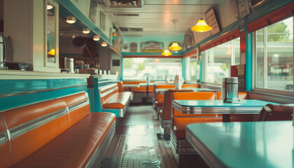 Classic American Diner with Vintage Style Seating. Empty Retro Diner with Colorful Booths and Tables