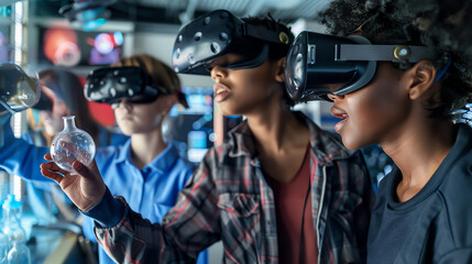 Group of diverse students using virtual reality headsets in a science lab, exploring immersive learning experiences and new technologies.