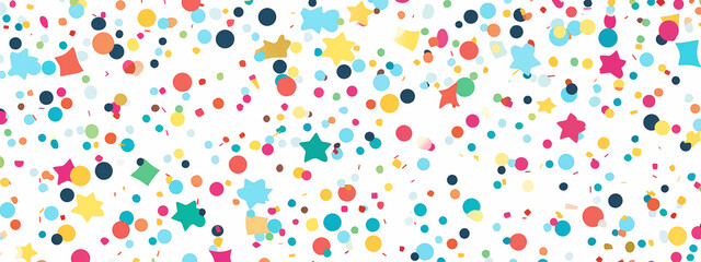 Colorful Confetti Pattern with Stars Circles and Squares in Vibrant Colors on White Background