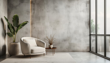 Modern Room with Chair, Plant, and Large Windows. Bright Minimalist Room with Chair and Table