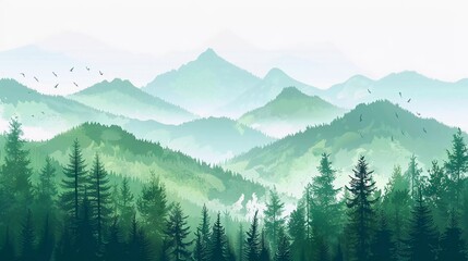 Panorama of forests and mountains. Eco-friendly mountains. Eco-friendly forest. Landscape illustration