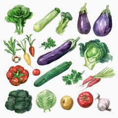 spring vegetables, clipart set, watercolour texture, simple, plain white background, neutral colour 
