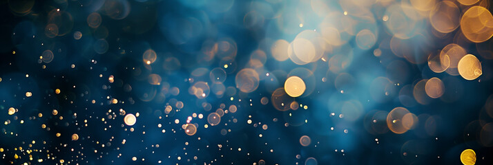 A blurred background with golden bokeh lights on a dark blue backdrop