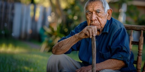 Retirement-minded man with cane, Alzheimer's, and memory on bench, lonely. Senior, person or walking stick with nostalgia, thoughtful and peaceful in nature or park with wonder